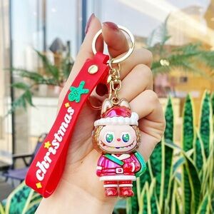 Red Christmas Cat Keychain Charm with Holiday Strap